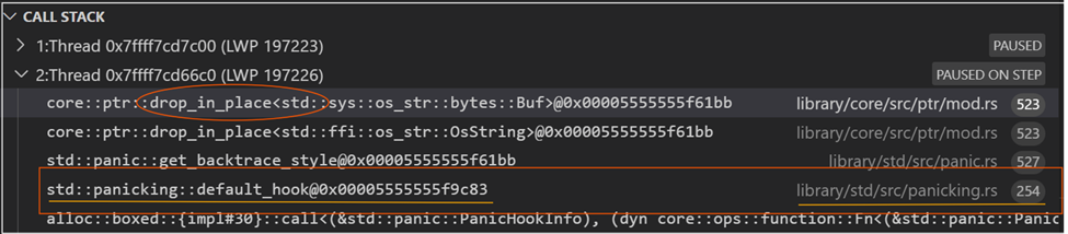 Backtrace with drop_in_place sequence